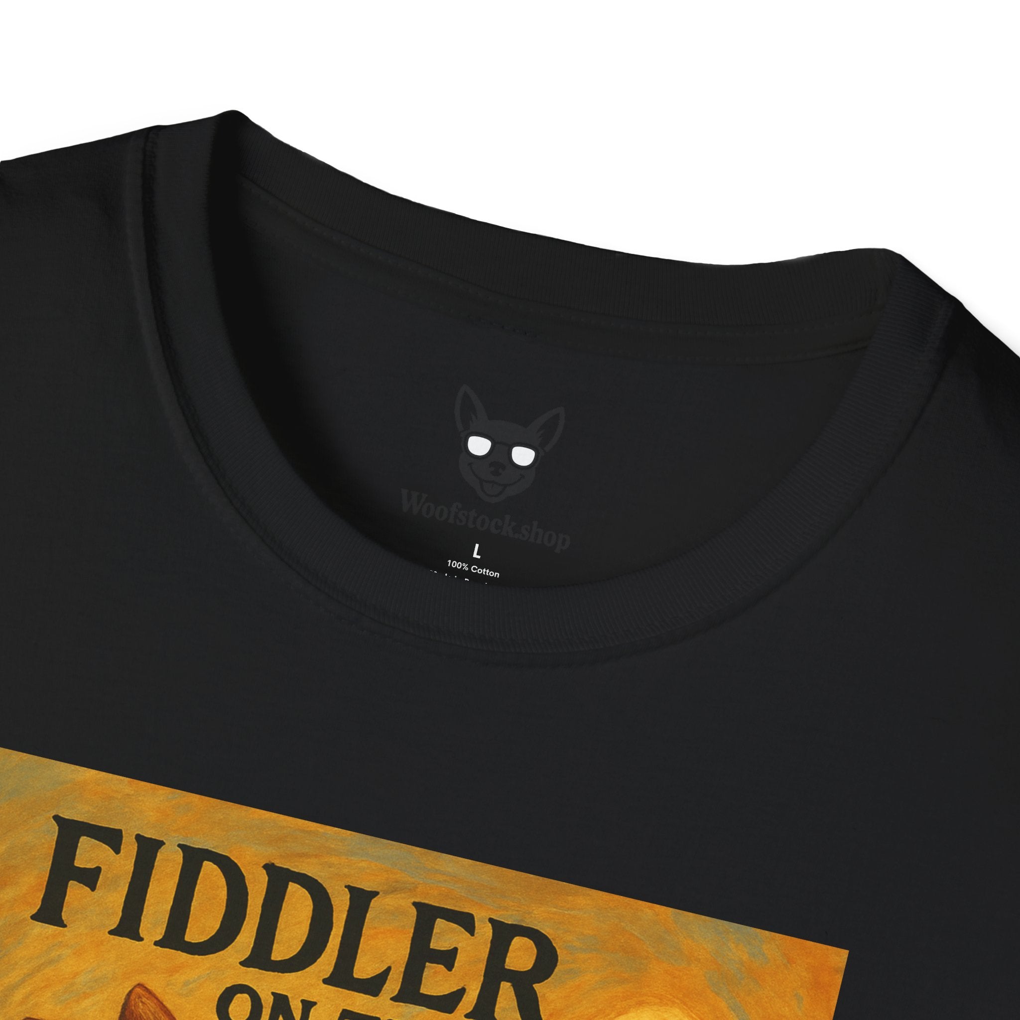 Fiddler on the Woof Broadway Poster Dog Parody Unisex Softstyle T-Shirt -- Funny Broadway Movie Tee for Theater and Dog Lovers